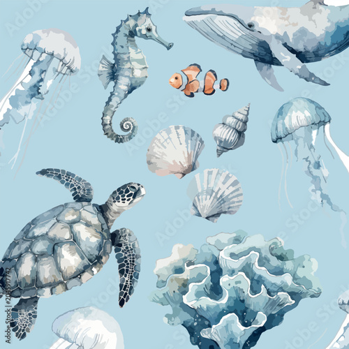 harming underwater marine life pattern featuring sea turtles, jellyfish, whales, coral, and ocean creatures in a watercolor style.
