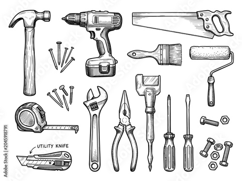 Ink sketch collection of hand and power tools for home repair, isolated doodle set for diy construction and woodworking