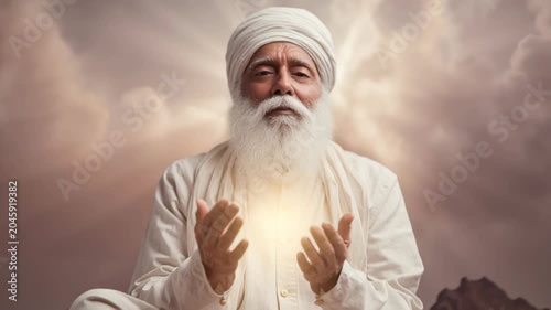 Elderly man in meditation with uplifted hands against cloudy sky