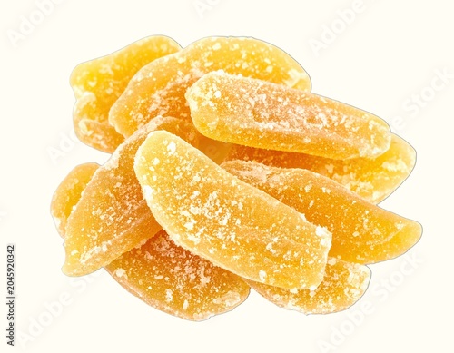 Small Pile of Sweet Chewy Slices of Candied Crystallized Ginger Isolated on a White Background