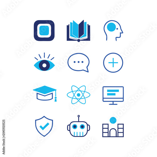 Modern education and technology icon set featuring learning, science, AI, and digital knowledge symbols.