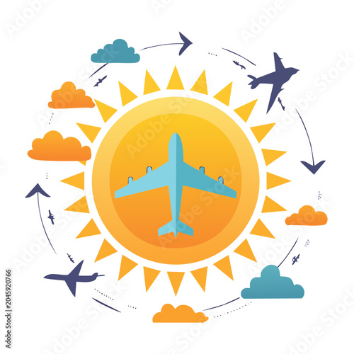 Airplane flying around the sun with clouds