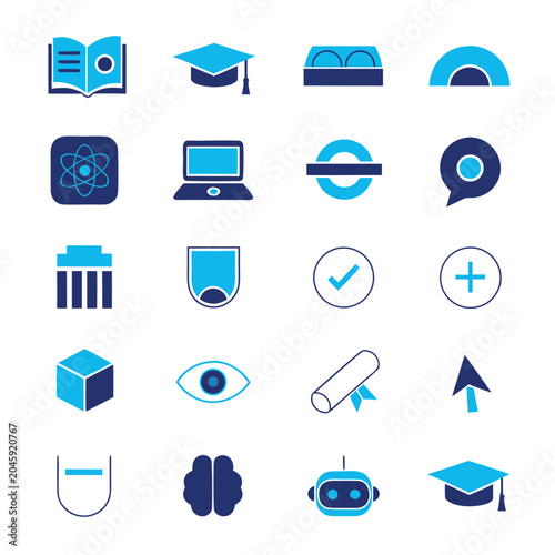 Modern education and technology icon set featuring academic, digital learning, and innovation-related symbols.