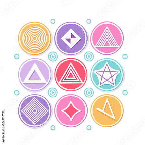 Collection of abstract geometric shapes in colorful circles