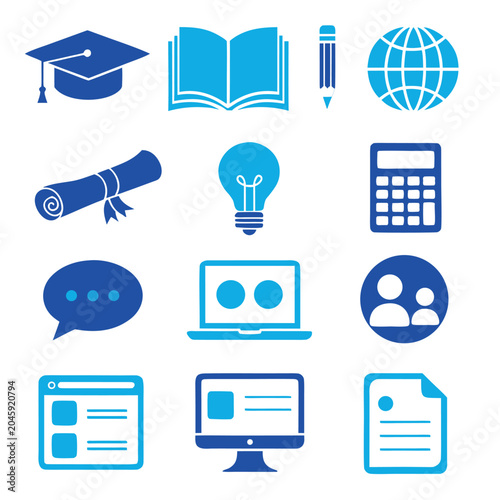Modern education and e-learning icon collection featuring academic, communication, and digital learning symbols