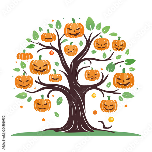 Halloween pumpkin tree with carved faces and leaves