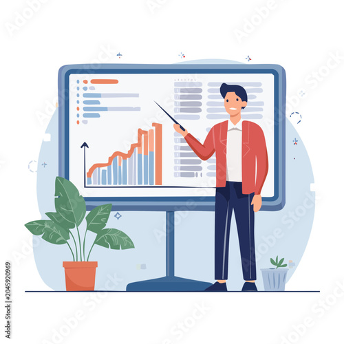 Man presenting financial growth chart on screen