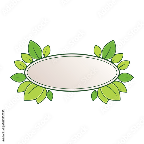 Oval frame decorated with green leaves on white background