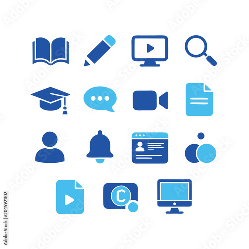 Modern digital education and communication icon set featuring learning, media, and online platform symbols.
