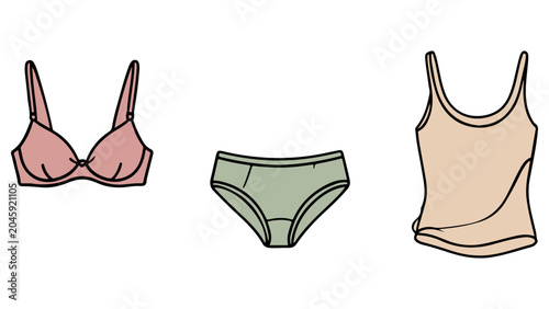 Foto Set of female undergarments featuring a pink bra green panties and a beige camis