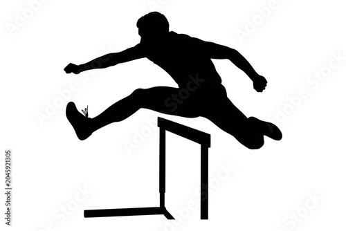 Schilderij op canvas Athletic silhouette a hurdler in mid air leaping over an obstacle with dynamic e