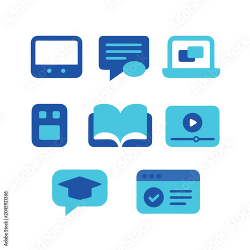 Modern e-learning icon set featuring digital education, online courses, and academic communication tools.