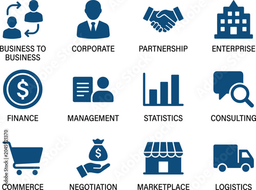 Corporate business icon set, 12 professional blue vector symbols for finance and management, enterprise partnership and logistics icons for web design
