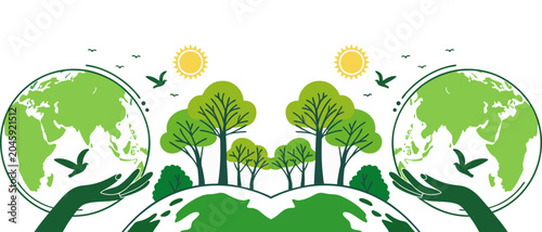 Foto Green ecological banner featuring forests, trees, Earth globes, birds, and sunsh
