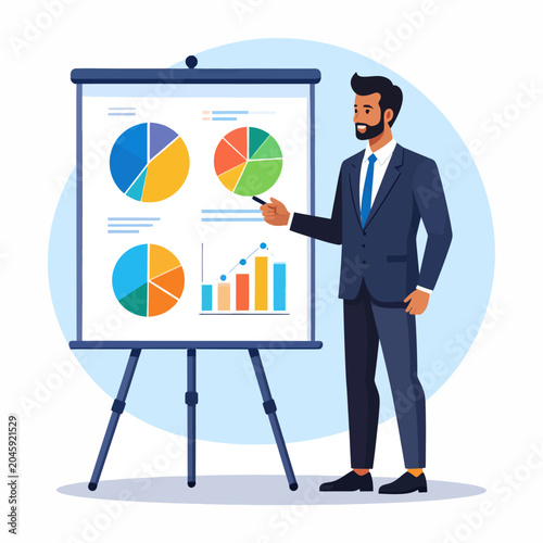 Businessman Presenting Charts and Graphs in Suit.