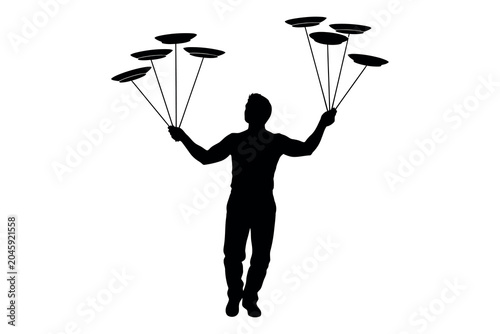 Juggling silhouette a black silhouette of a person skillfully juggling multiple plates in the air