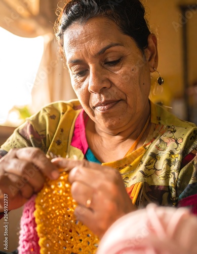 Woman crocheting bright yellow and pink yarn with focused attention, bathed in warm sunlight near a window