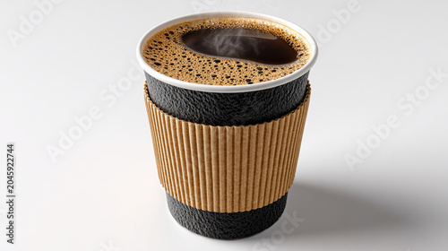 A steaming cup of hot black coffee in a black paper cup with a corrugated cardboard sleeve, isolated on white background