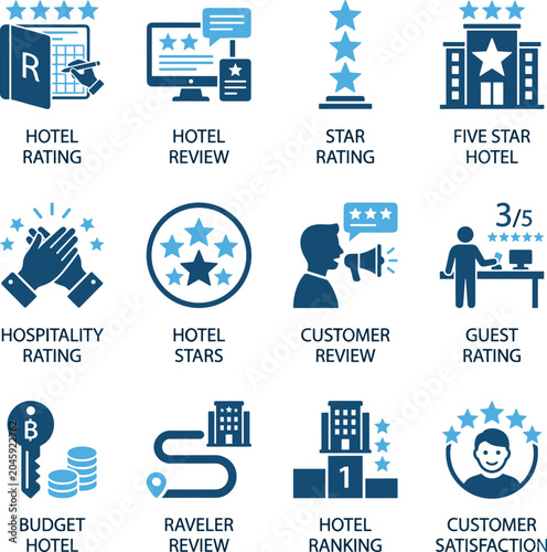 Hotel rating icons set, hospitality review and customer satisfaction symbols, blue vector star ranking and guest feedback elements