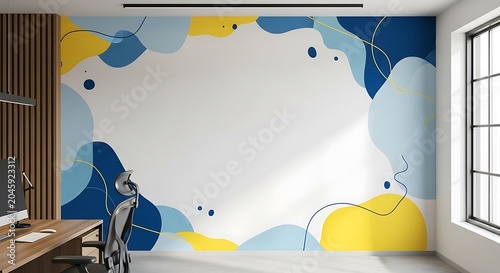 Abstract wall mural design with organic shapes in blue and yellow colors, modern interior office background with desk and chair
