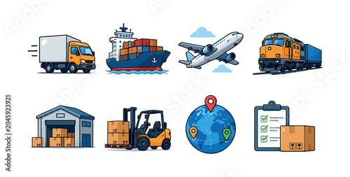 Logistics and shipping icons showing different modes of transport and warehousing