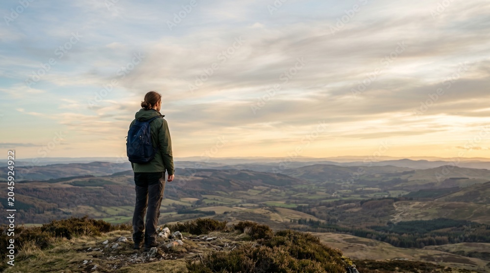 Obraz premium Man with backpack standing on mountain peak looking at rolling hills landscape at sunset with cloudy sky
