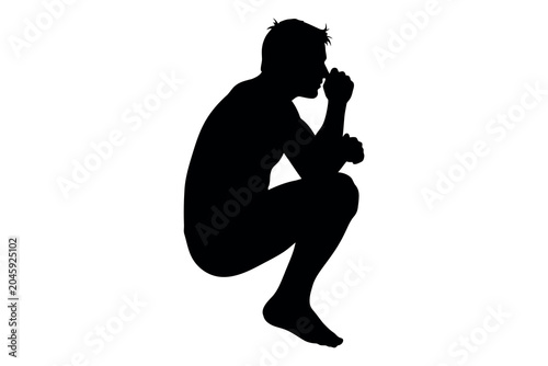 Tableau sur toile Contemplative silhouette a person crouched in thoughtful pose against a white ba