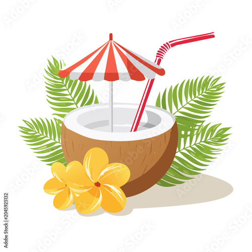 Tropical coconut drink with umbrella and flowers