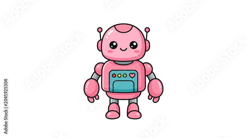 Adorable pink robot character toy isolated on white background.