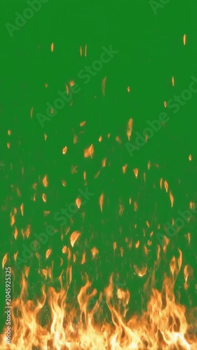 Dynamic rising embers and flames VFX on green screen, showing intense heat and energy movement, symbolizing passion, power, and transformation.