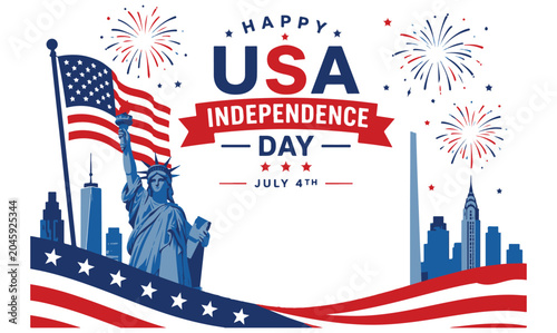 Fotografie Happy USA Independence Day Banner with Lady Liberty and Fireworks