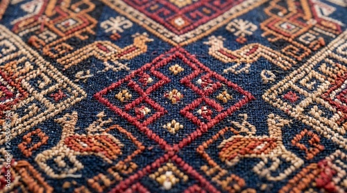 Close up of an antique textile with intricate geometric patterns and stylized animal motifs in red blue and gold colors