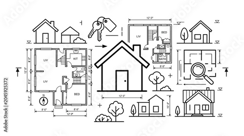 Architectural floor plans and house design elements set.
