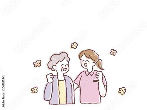 笑顔の高齢女性と介護士の人物イラスト
