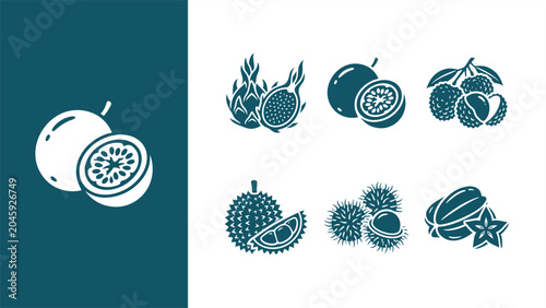 Schilderij op canvas Exotic tropical fruit icon set vector illustration