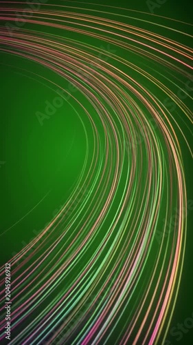 Vibrant flowing light streaks creating a dynamic curve on a deep green background, Panning shot, symbolizing speed, data transfer, and energy for technology or abstract