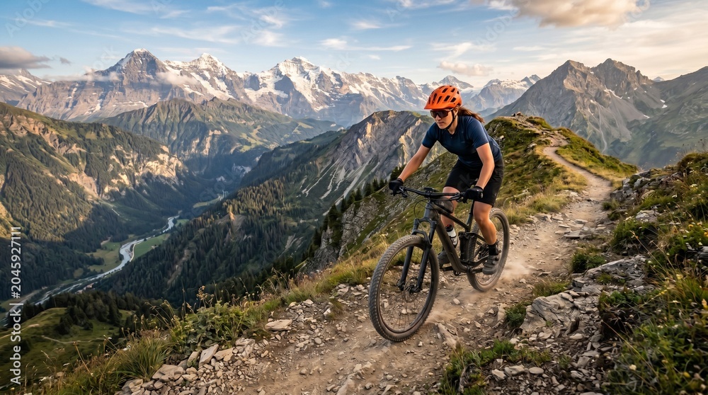 Fototapeta premium Woman mountain biking on a scenic trail with majestic snow capped mountains and a valley below during golden hour