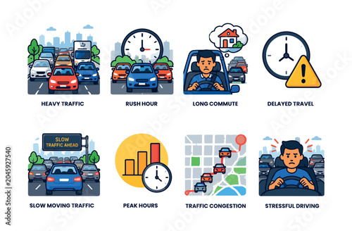 Illustrations depicting various traffic congestion and commuting challenges