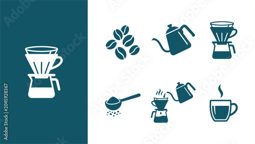 Tableau sur toile Pour Over Coffee Brewing Process Icons Set
