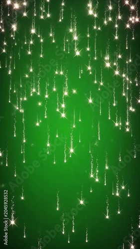 Sparkling Falling Streaks Animation, Glowing White Particles Descending on Vibrant Green Background, Festive Dynamic Motion Effect, Symbolizing Celebration, Magic