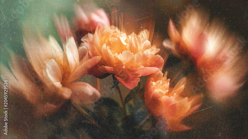 Foto Vintage Coral Peonies with Retro Film Texture and Nostalgic Y2K Floral Aesthetic