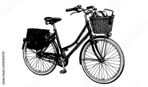 Obraz na płótnie Urban City Bicycle Hand Drawn Vector Illustration with Step Through Frame Basket