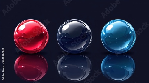 Three glossy spheres in vibrant colors
