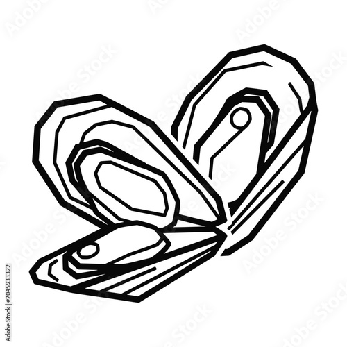 Vector line art icon of open oyster shell with pearl for seafood and dining themes