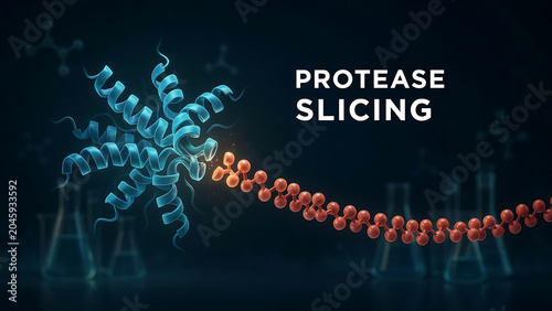 Protein structure with protease slicing through a molecule in a laboratory setting with beakers and test tubes in the background