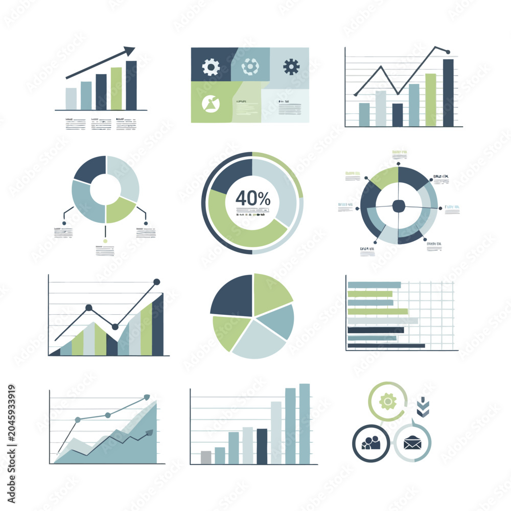 Fototapeta premium Business infographic elements set with 12 vector charts, professional financial data visualization icons, corporate bar graphs and pie charts for annual reports and presentations