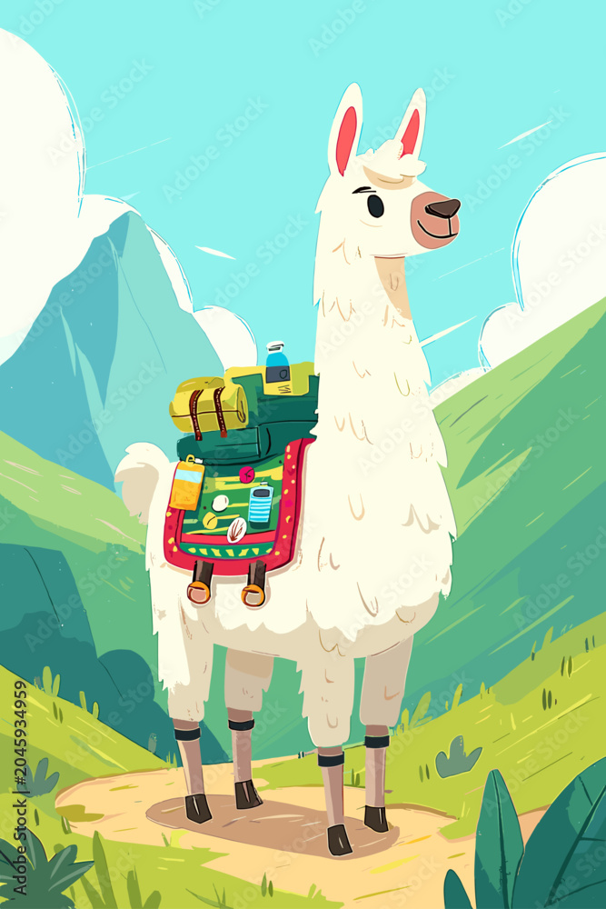 Fototapeta premium Alpaca with Colorful Saddle Pack Trekking on Mountain Trail