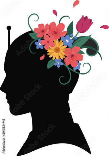 Creative silhouette of a woman's head with colorful floral illustration on white background