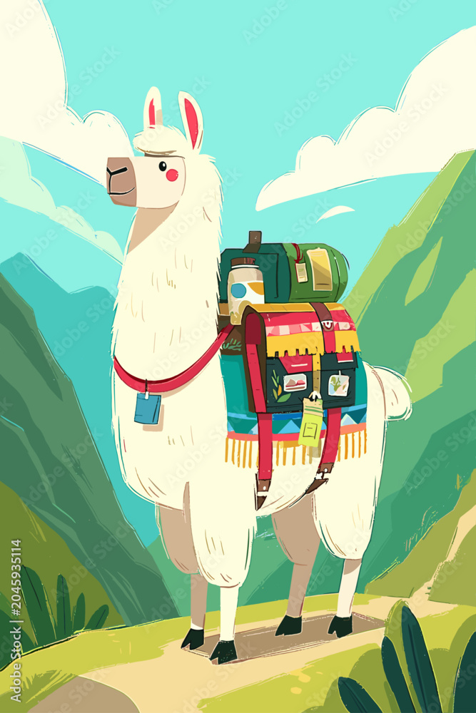 Fototapeta premium Alpaca with Colorful Saddle Pack Trekking on Mountain Trail