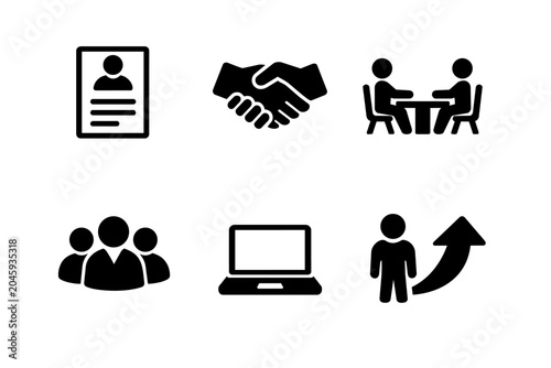 Employment process flat icon set demonstrating job search, human resources, teamwork, interview, and career growth